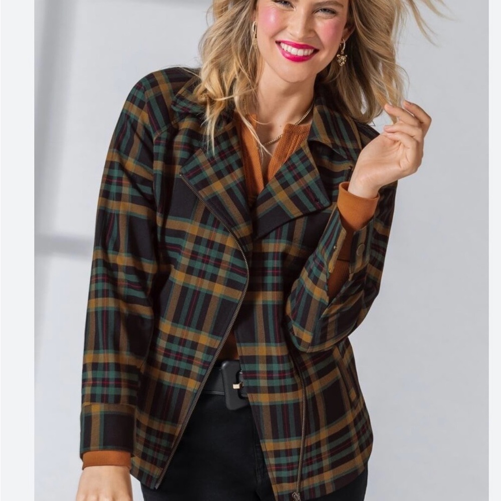 Cabi Plaid Zip-Front moto Jacket in Green & Black - Women